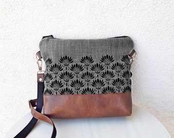 Turquoise Gray Orange Crossbody bag | Small bag 10,8"x9" | Dandelions print Day bag | Linen shoulder bag | vegan bag | woman bag