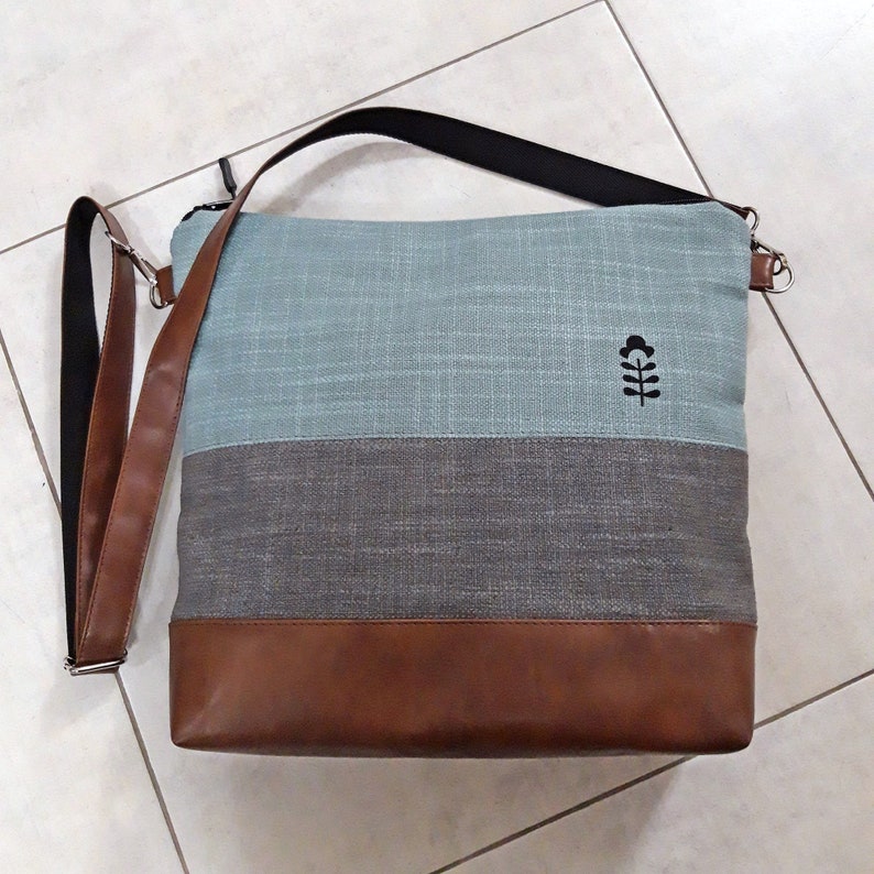 Crossbody bag gray turquoise, hand print canvas purse, vegan bag, brown leather, linen fabric bag, Wallet Tote, Large bag, ready to ship bag image 3