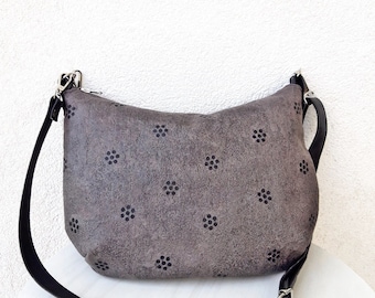 Graue Hobo Bag, Wildleder Wildleder, Floral Print Wasserabweisende Geldbörse
