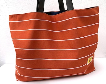 Orange cotton shopping bag, Beach tote purse, Washable grocery bag, Foldable cloth handbag 19x13"