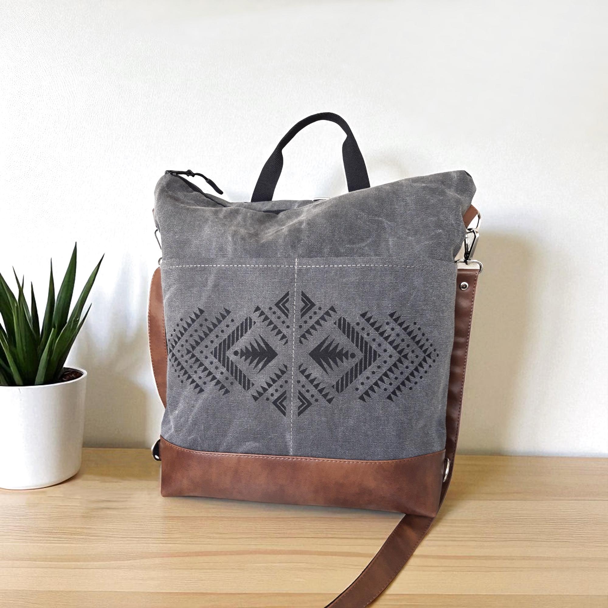 Aztec Print Canvas Convertible Backpack, Vegan Leather  display picture 2