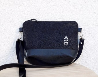 Crossbody bag black leather, vegan bag, small leather purse, casual shoulder bag, Evening bag, bag of a woman or girl, Gift for her, fabric