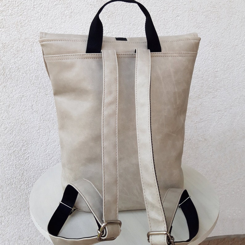 Women's backpack white, Handmade from Diahobag, vegan leather bag, deep backpack for format A4, antique effect leather image 6