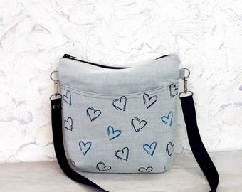 Crossbody bag blue, linen denim purse, Small bag with pockets, travel, everyday light hobo bag, Hearts print, Boho bag