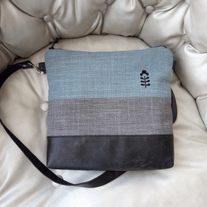 Crossbody bag gray turquoise, hand print canvas purse, vegan bag, brown leather, linen fabric bag, Wallet Tote, Large bag, ready to ship bag image 5