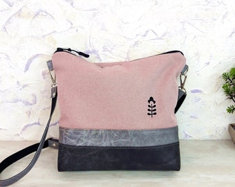 Crossbody bag PINK PEACH, magnolia hand print canvas purse, vegan bag, gray black leather, fabric, wallet tote, medium bag, ready to ship