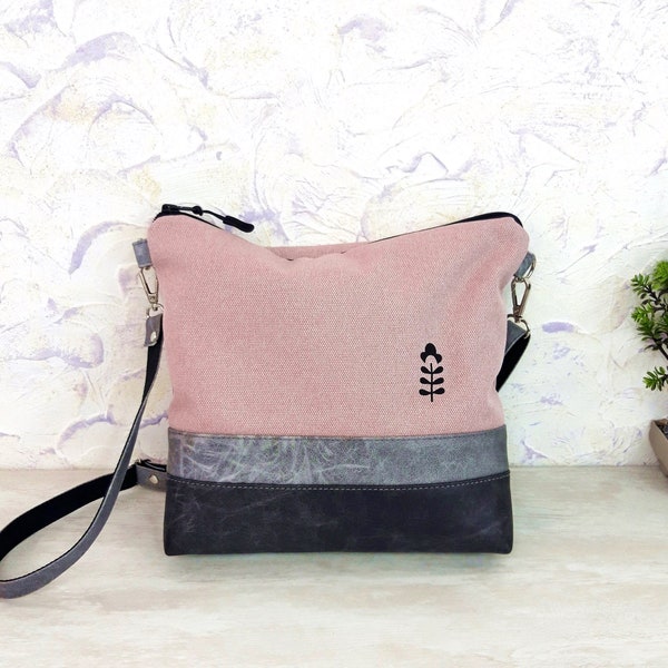 Crossbody bag PINK PEACH, magnolia hand print canvas purse, vegan bag, gray black leather, fabric, wallet tote, medium bag, ready to ship