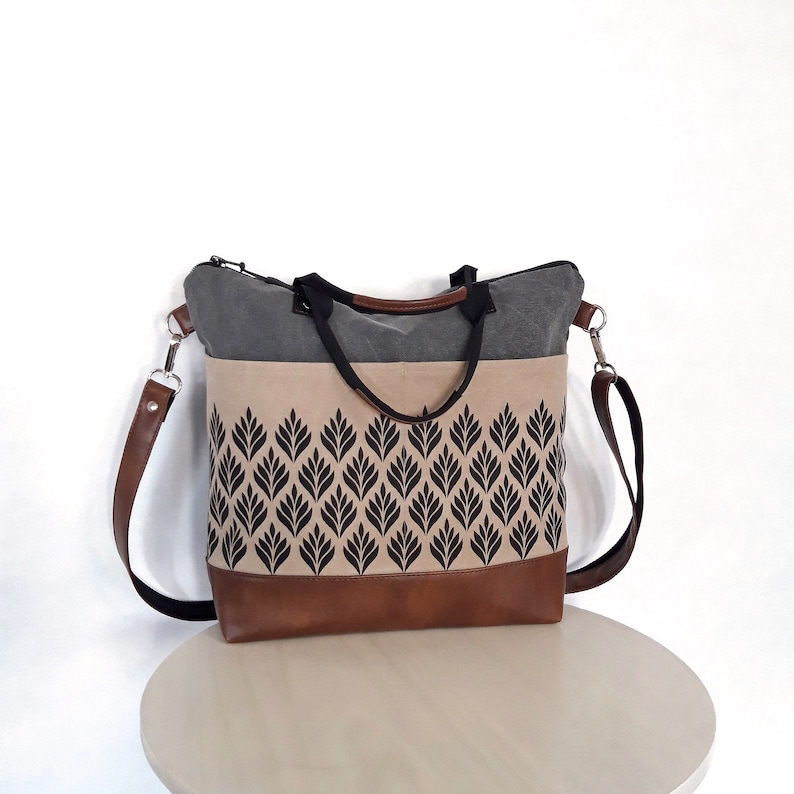 Crossbody Gray bag, Multicolored bag, canvas vegan leather, beige brown colors, outer pockets Tote, zipper shoulder bag, Large hobo purse image 2