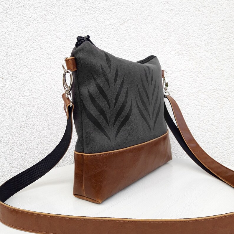 Crossbody bag, dark gray purse, Black print, vegan leather bag, small shoulder bag, Casual purse, hobo bag, Crossbody Wallet image 5