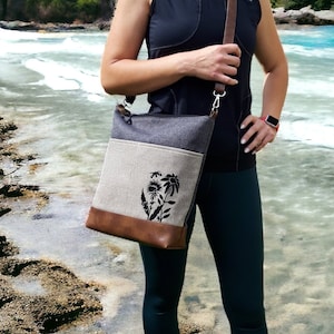 Lässige Crossbody Tasche, City Bag Canvas und Leder, handgemachte Tasche, Floral Print, Große Schultertasche, Braune und Graue Geldbeutel, Ordner A4