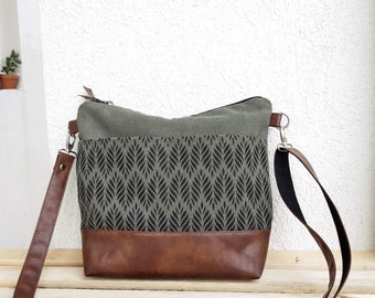 Green bag medium Large size, Gray crossbody bag, purse aztec print, Waterproof shoulder bag, canvas hobo bag, vegan bag, brown leather purse