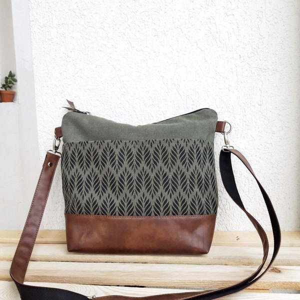 Green bag medium Large size, Gray crossbody bag, purse aztec print, Waterproof shoulder bag, canvas hobo bag, vegan bag, brown leather purse