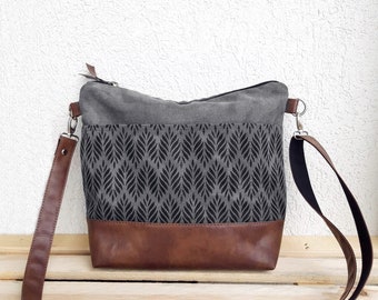 Graue Umhängetasche, Wasserdichte Canvas Hobo, Vegan Leder Geldbörse