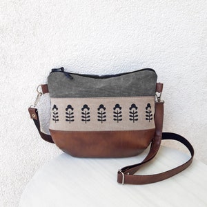 Small canvas crossbody purse, pattern, mini gray bag, waxed effect messenger bag, hobo bag vegan leather brown, medium leather pouch