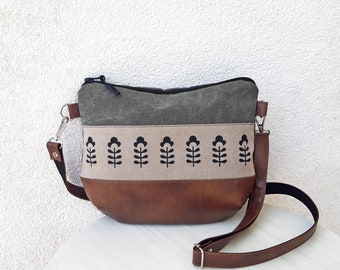 Small canvas crossbody purse, pattern, mini gray bag, waxed effect messenger bag, hobo bag vegan leather brown, medium leather pouch