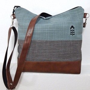 Crossbody Bag Gray Turquoise, Hand Print Canvas Purse, Vegan Bag, Brown ...