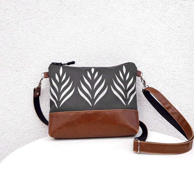 Crossbody bag, White print, vegan leather bag, dark gray purse, Casual purse, hobo bag, Crossbody Wallet image 2