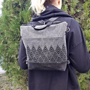 Lightweight city backpack, Gray convertible bag, Gray, Medium Large bag, Alps hand print, canvas crossbody, hobo bag, Water repellent bag