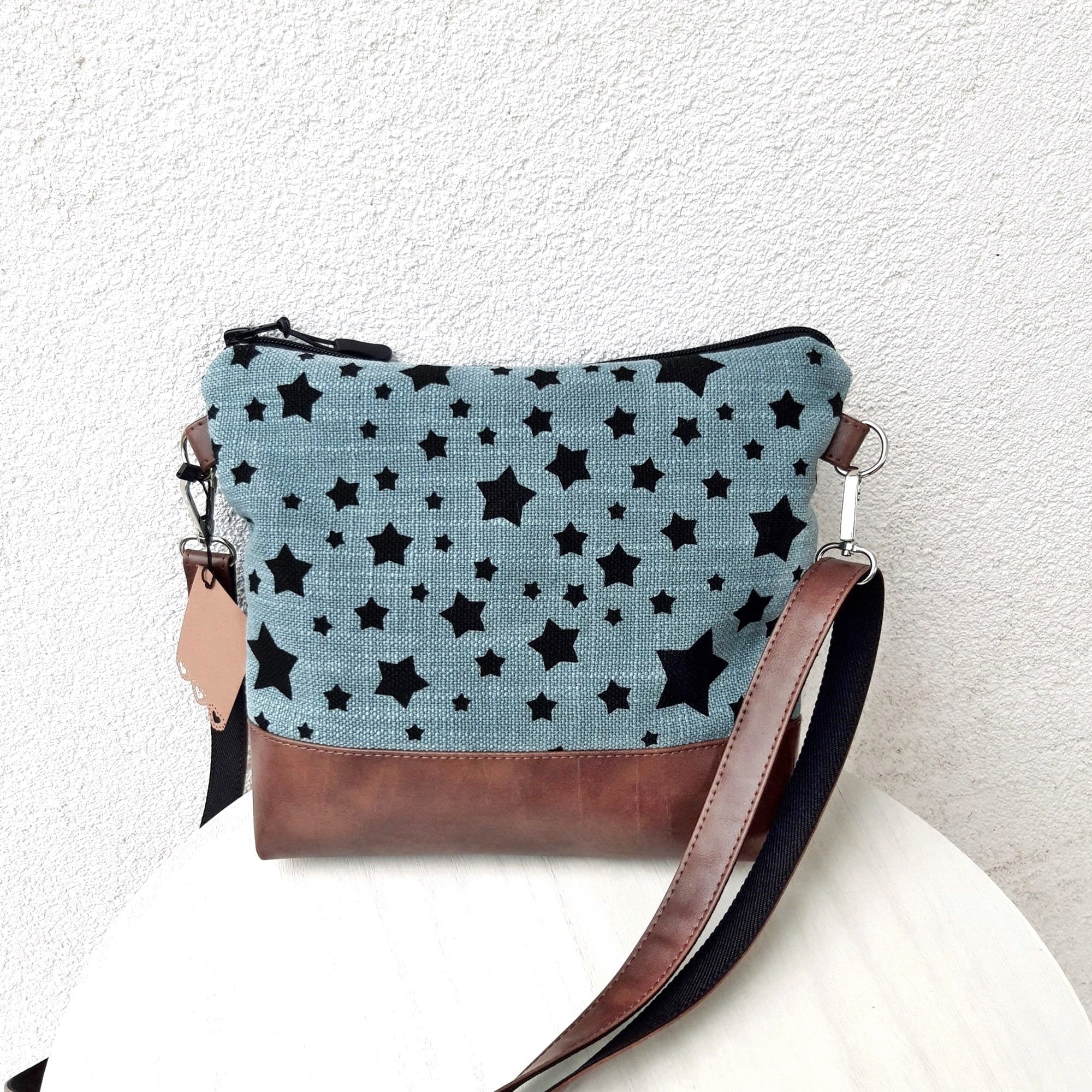 Stars bag Gray, Turquoise, Orange, Linen, crossbody purse, vegan bag, Bag for a girl, Small shoulder bag, canvas hobo purse, Handmade print