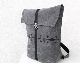 Light and simple backpack gray, hand print canvas purse, vegan bag, fabric bag, Wallet Tote, Large bag, ready to ship bag