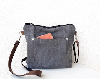 Gray Canvas Crossbody Bag, Small Vegan Hobo Bag with Pockets, Light shoulder purse