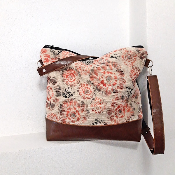 Fresh Crossbody Bag, Flower Salmon red, Diahobag natural white gray, Wallet Tote Large, vegan Shoulder  bag, brown leather, Мother Day gift