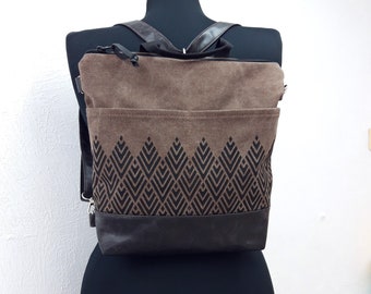 Convertible backpack purse, vegan purse crossbody, brown leather purse, hand print shoulder bag, waxed canvas hobo bag, Water repellent bag