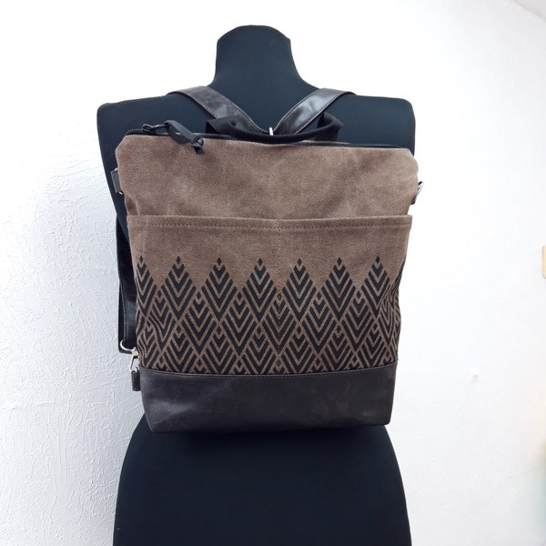Convertible backpack purse, vegan purse crossbody, black leather purse, hand print shoulder bag, canvas hobo bag, Water repellent bag