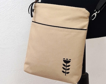 Beigefarbene Umhängetasche aus Baumwoll-Canvas, Mini-Hobo-Tasche mit Blumenmuster