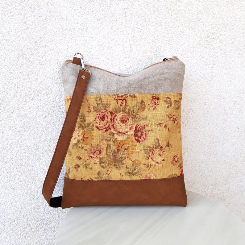 linen and cotton bag, natural white yellow, handmade, flower bag, medium size