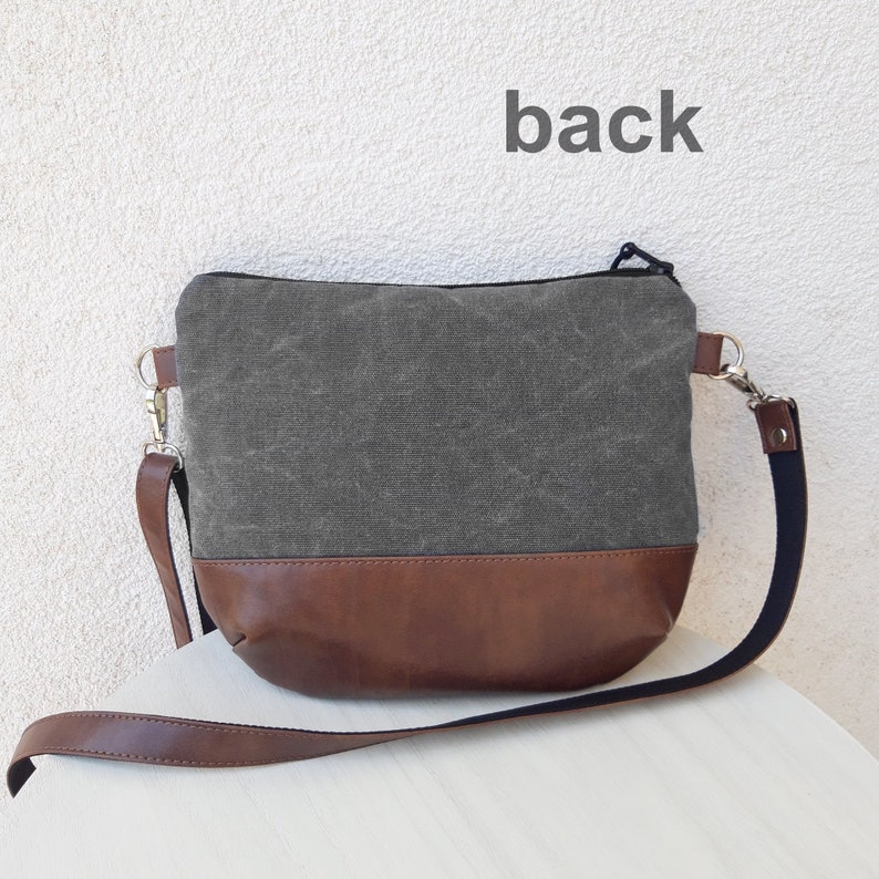 Small canvas crossbody purse, pattern, mini gray bag, waxed effect messenger bag, hobo bag vegan leather brown, medium leather pouch image 5