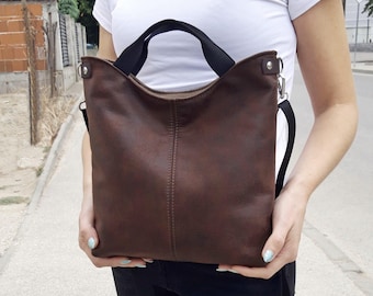 Sac en cuir marron foncé, bandoulière flexible, pochette moyenne à poignées, sac hobo de jour, porte-clés