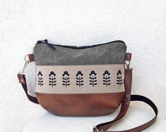 Umhängetasche mit Magnolienmuster, kleine graue Canvas-Tasche, Hobo-Tasche in Wachsoptik