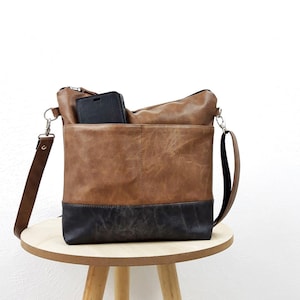 Braun Schwarz Crossbody Geldbörse, Mittelgroße Ledertasche, Außentaschen