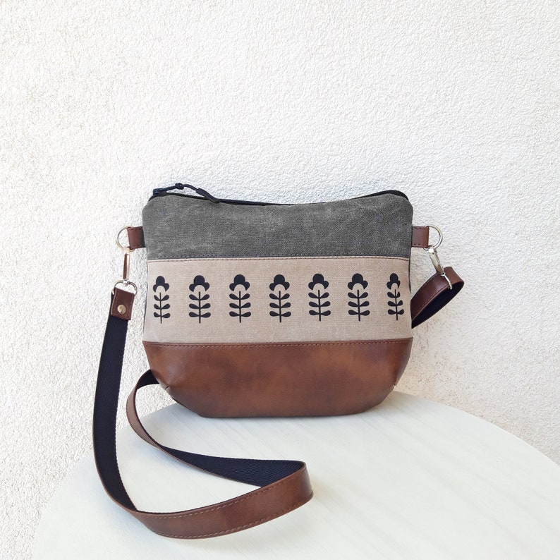 Small canvas crossbody purse, pattern, mini gray bag, waxed effect messenger bag, hobo bag vegan leather brown, medium leather pouch Small