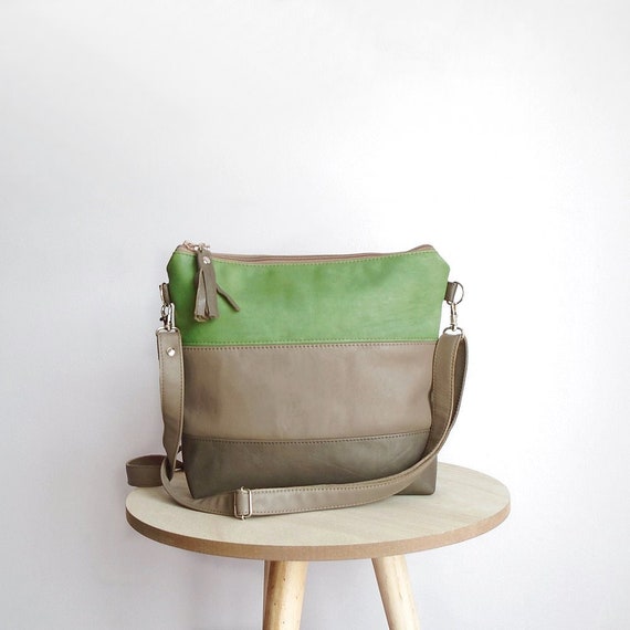 Leather green and beige bag