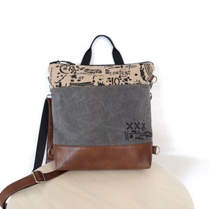 Convertible bag, Backpack Crossbody bag medium, gray beige Shoulder bag, water repellent fabric, Content print hobo, Vegan leather purse