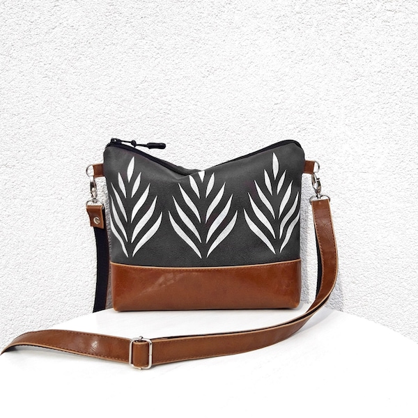 Crossbody bag, White print, vegan leather bag, dark gray purse, Casual purse, hobo bag, Crossbody Wallet