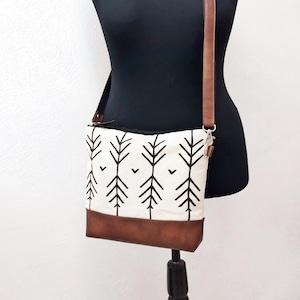Umhängetasche Handdruck, Vegan Tasche, Leder und Canvas Tasche, Schultertasche mit Reißverschluss, Baumwoll Hobo Geldbörse, Azteken Tasche, Brieftasche Tote, weiße Kleine Tasche