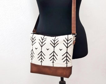 Crossbody bag hand print, vegan bag, leather and canvas bag, zipper shoulder bag, cotton hobo purse, Aztec bag, wallet tote, Gray Small bag