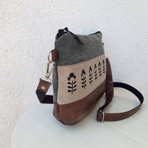 Small canvas crossbody purse, pattern, mini gray bag, waxed effect messenger bag, hobo bag vegan leather brown, medium leather pouch image 6