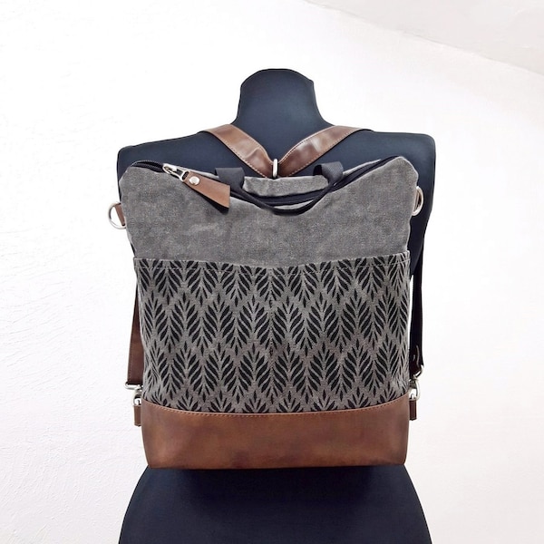 Backpack Convertible purse, Black, Tan, Gray crossbody bag, bag Aztec pattern, shoulder bag, Marble effect canvas hobo purse, vegan purse