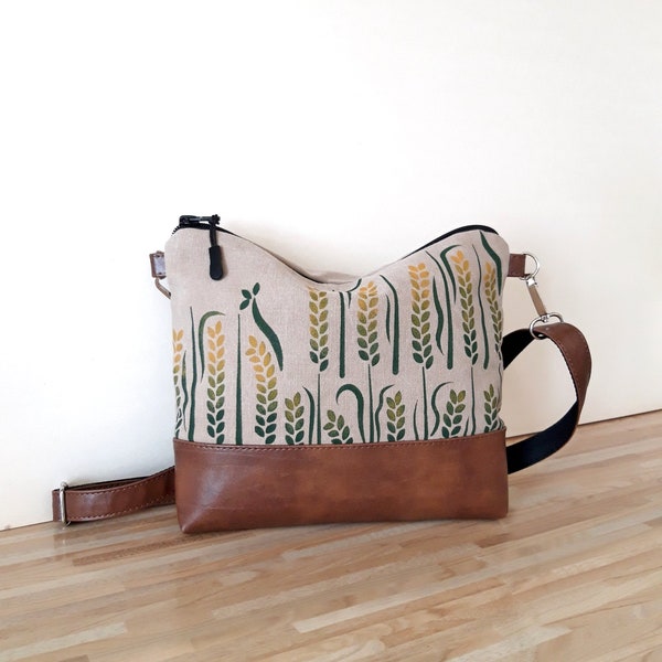 Crossbody bag Wheat print, Small canvas handmade bag, water repellent fabric, camel leather, vegan shoulder bag, hobo wax sturdy