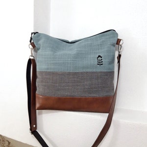 Crossbody bag gray turquoise, hand print canvas purse, vegan bag, brown leather, linen fabric bag, Wallet Tote, Large bag, ready to ship bag image 2