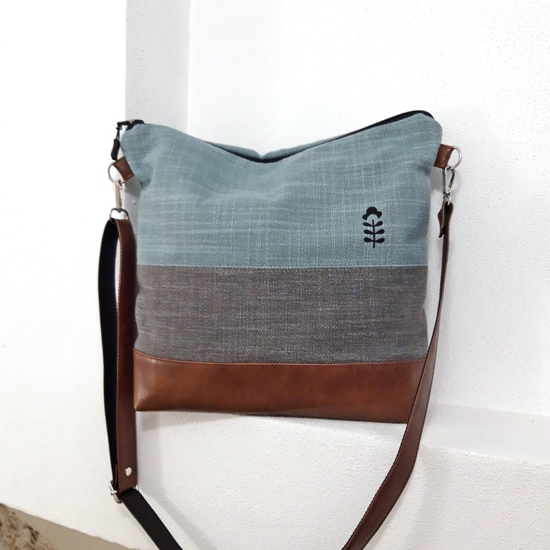 Crossbody bag gray turquoise, hand print canvas purse, vegan bag, brown leather, linen fabric bag, Wallet Tote, Large bag, ready to ship bag image 2