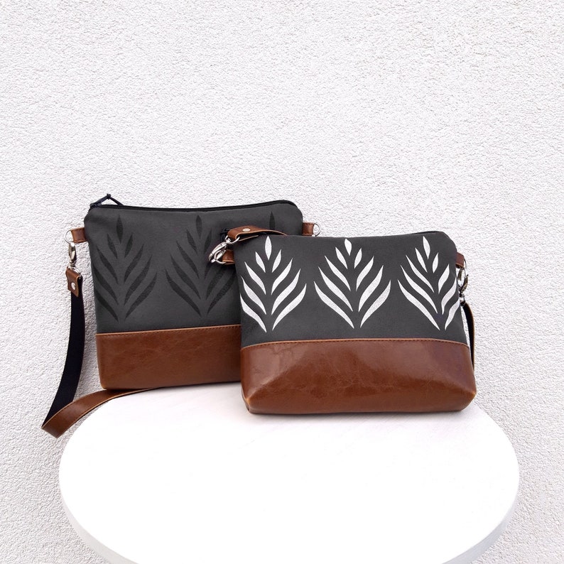 Crossbody bag, White print, vegan leather bag, dark gray purse, Casual purse, hobo bag, Crossbody Wallet image 3