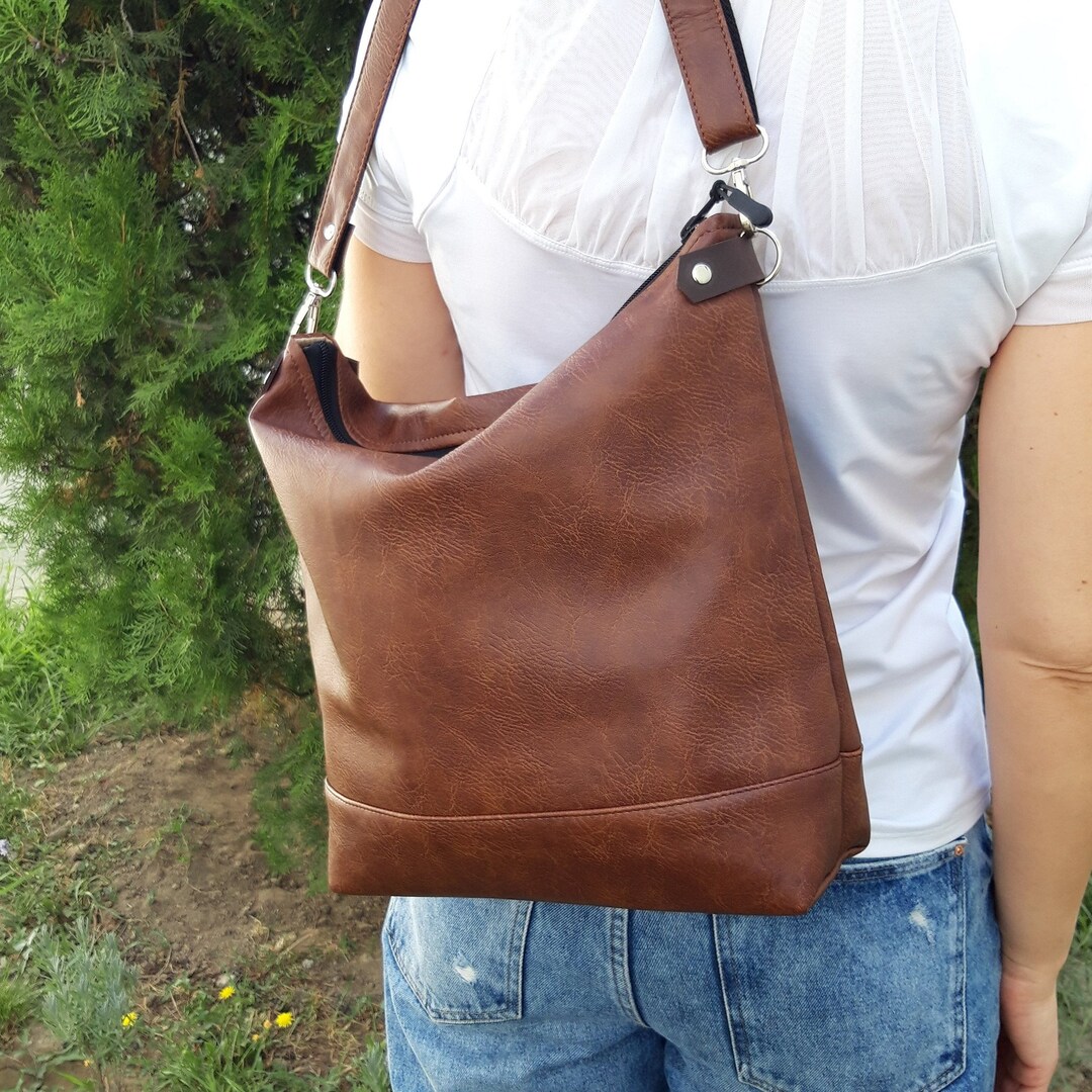 Brown Crossbody Bag, Gray Black Antique Effect Leather Purse, Large