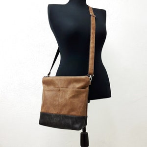 Medium brown black crossbody purse, vegan leather bag, leather with antique effect, shoulder bag with external pockets,small messenger purse image 5