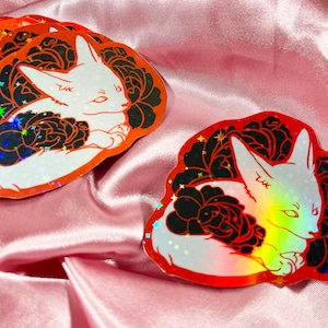 White Fox and Black Roses holographic sticker