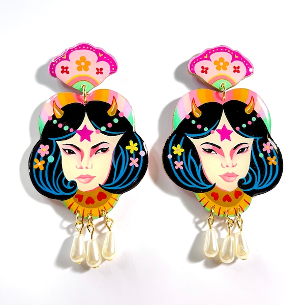 Hand Painted Magic Twins Statement Peg Earrings